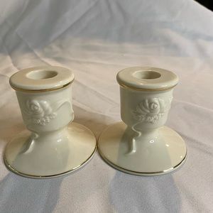 Vintage Lenox White Porcelain Floral Ornate Candlesticks trimmed in Gold